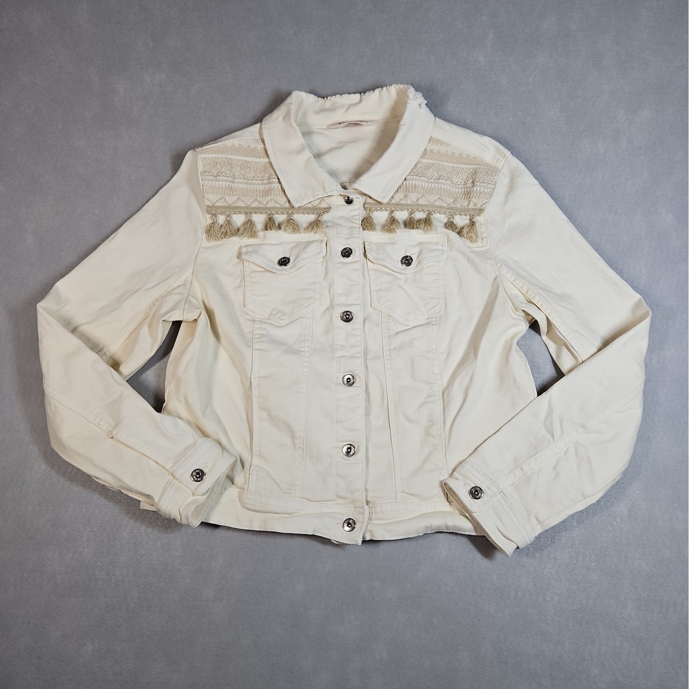 Camaieu Womens Ivory Embroidered Tasseled Boho Denim Jacket Size Medium